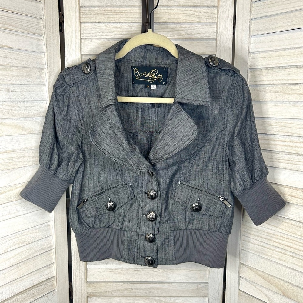 Ashley by 26 International Y2K Gray Chambray Cropped Sleeve Bomber Jacket